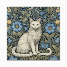 White Cat With Blue Flowers william morris inspired art Canvas Print