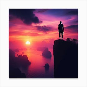 Man Standing On Cliff At Sunset 1 Canvas Print