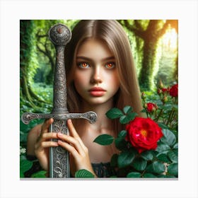 Young Woman With A Sword In The Forest Canvas Print