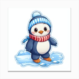 Cute Penguin Skiiing On Ice Canvas Print
