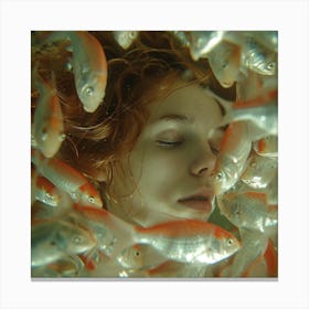 Girl Surrounded By Fish Canvas Print