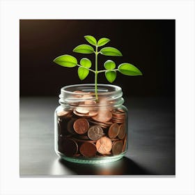 Jar Of Coins With A Plant Canvas Print