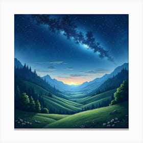 Mystical Watercolor Night Sky Over Enchanted Valley 1 Canvas Print