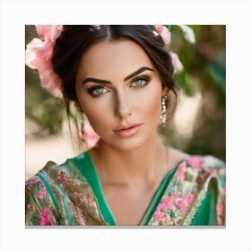 Beautiful Woman In Green Sari Canvas Print