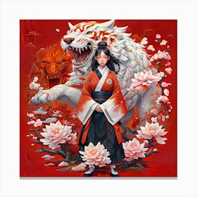 shinobi Samurai Girl white tiger dragon Canvas Print