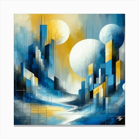 Abstract Blue City With Triple Moons Canvas Print