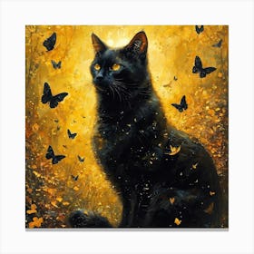 Majestic Black Cat Amidst a Flurry of Butterflies Canvas Print