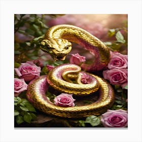 Golden Snake With Roses Canvas Print