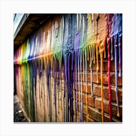 A colorful and abstract image of paint dripping down a brick wall. Canvas Print