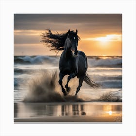 Black Horse On The Beach At Sunset Canvas Print