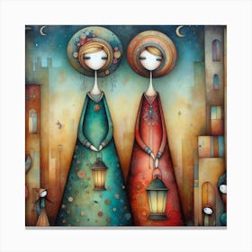 Two Girls Holding Lanterns Canvas Print