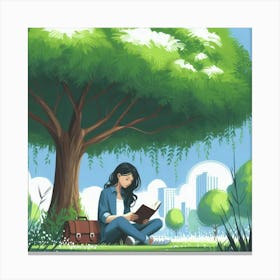 Girl Reading A Book Under A Tree Canvas Print