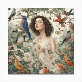 Woman Surrounded By Birds Canvas Print