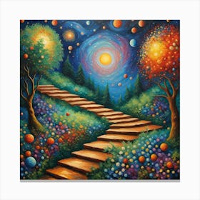 Stairway To Heaven. Galactic Pathway: Whimsical Landscape Art with Radiant Galaxy and Illuminated Trees Canvas Print