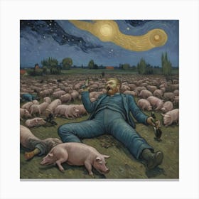 Twilight’s Madness: A Man, Pigs, and Bottles Pigs In The Field Canvas Print