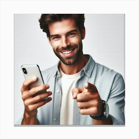 Happy Young Man Pointing At His Phone Canvas Print