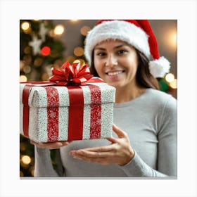 Happy Young Woman With Christmas Gift 1 Canvas Print