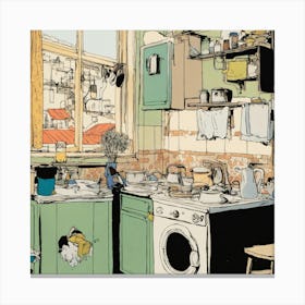 Pen and ink, cramped and messy apartment kitchen. sadness, stunning color scheme, masterpiece Canvas Print