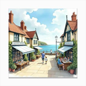 A Watercolor Of An English Seaside Village With People Exploring Quaint Shops And Enjoying Fresh Seafood 1 Canvas Print