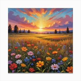 Wildflowers Sunset, Square Retro Art, Flower Fields Art Print 1 Canvas Print