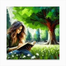 Girl Reading A Book In The Park, Acrylic Painting Style Canvas Print