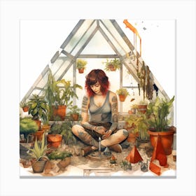 Punk Girl In A Greenhouse Watercolour Canvas Print