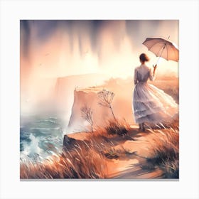 Woman With Umbrella On Cliff Canvas Print