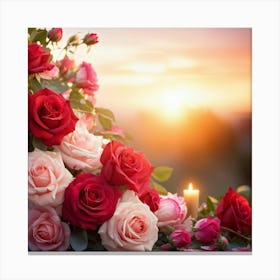 Bouquet Of Mixed Red And Pink Roses Peonies Delicately Woven Into Vines Soft Focus With Scattered (2) Canvas Print