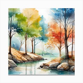 Watercolor Of Trees By The River Canvas Print