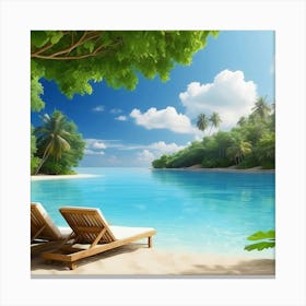 Two Lounge Chairs On The Beach Canvas Print