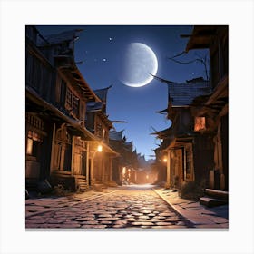 A Cobblestone Street In A Ghost Town With The Moon Casting Elongated Shadows Canvas Print