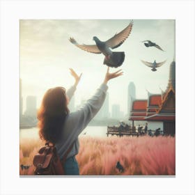 Girl With Pigeons 2 Canvas Print