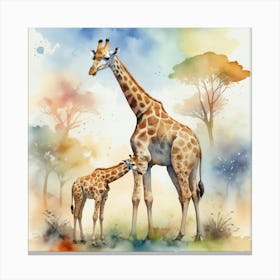 Giraffe In The Wild With Other Animals Watercolor Sty 2 Canvas Print