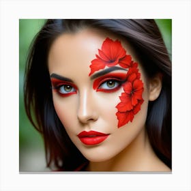 Beautiful Woman With Red Flower Makeup Canvas Print