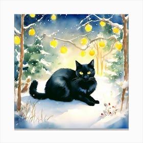 Black Cat In The Snow Canvas Print