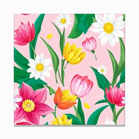 Cartoon Style Digital Painting Of An Isolated Spring Bouquet Featuring Blooming Tulips Roses And D Canvas Print