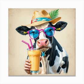 Cow In Sunglasses And Straw Hat Canvas Print