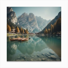 Beautiful Lake With Boats In The Italian Alps Lago Di Braies 2 Canvas Print