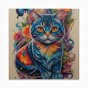 Blue Cat With Butterflies Canvas Print