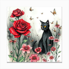 Black Cat With Roses 3 Canvas Print