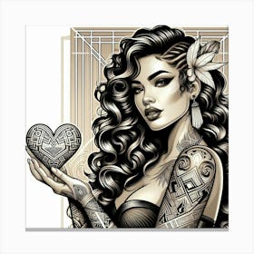 Tropical Girl With Heart & Tattoos Canvas Print