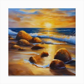 The sea. Beach waves. Beach sand and rocks. Sunset over the sea. Oil on canvas artwork.30 Canvas Print