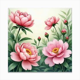 Soft Watercolor Peonies Blooming In A Lush Garden Canvas Print