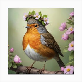 Bird With A Flower Crown European Robin Art Print Canvas Print