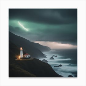 Lightning Storm Over A Lighthouse Landscape Canvas Print