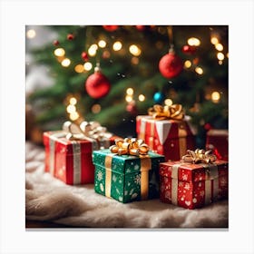 Christmas Presents Under Christmas Tree At Home Next To Fireplace Miki Asai Macro Photography Clos (7) Canvas Print