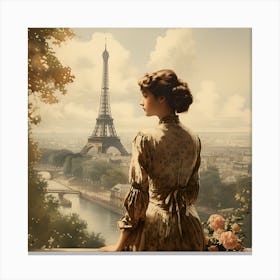 Vintage Parisian Elegance: Woman Gazing at the Eiffel Tower - Romantic Victorian-Inspired Art Print Canvas Print