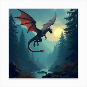 A Majestic Dragon Soaring Above A Mystical Forest With Glowing Trees 1 Canvas Print