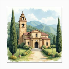 Watercolor Art Of A Serene Spanish Monastery Surrounded By Nature Canvas Print