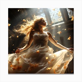 Girl In A White Dress, Whispers of Autumn: Pastel Leaves and an Lady in the Attic Canvas Print